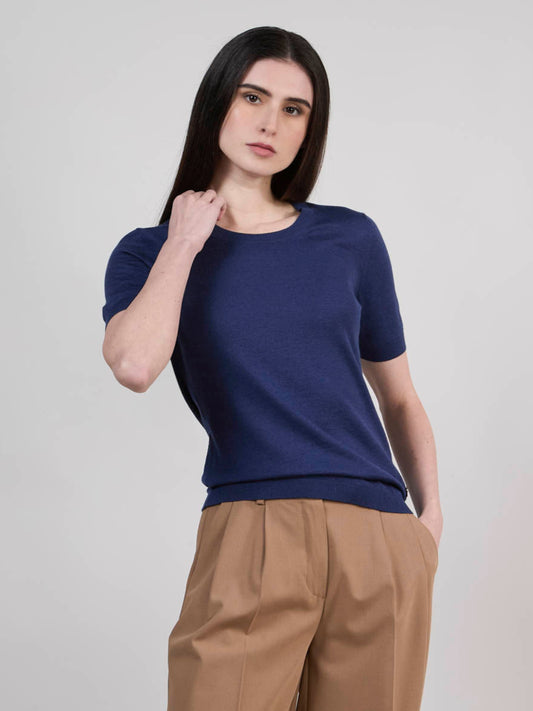 Short-sleeved sweater in wool, silk and cashmere blu ocean 550t08_woseca_255oce