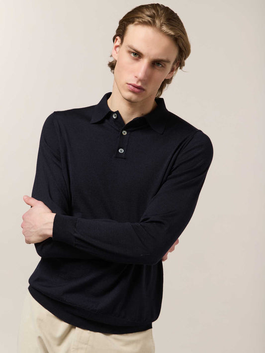 Maglia polo in lana, seta e cashmere blu notte 55kt05_ss248a_064064