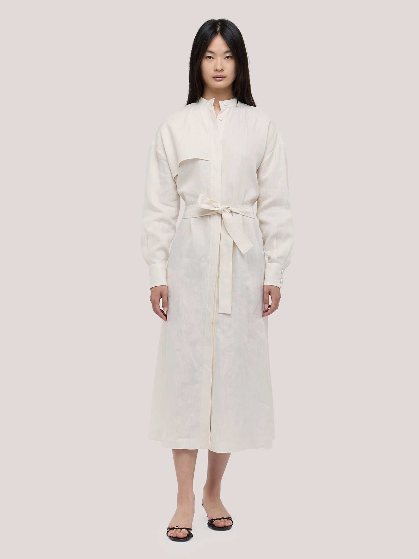 Chemisier dress with belt in pure linen cream abi046_s2611c_tpanna 72412608430406