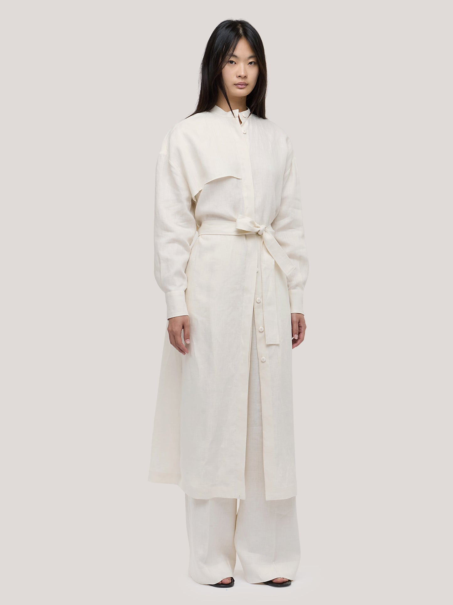 Chemisier dress with belt in pure linen cream abi046_s2611c_tpanna 72412608299334