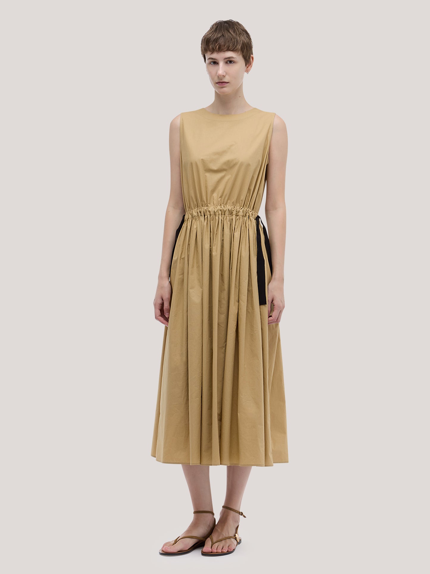 Long popeline dress with waist laces sable abi049_s2610a_tsable 72412638347590