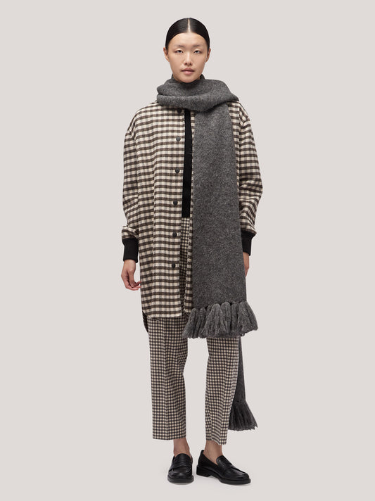 Cappotto donna reversibile con fondo stondato e bordi in maglia in vichy double navy/tabacco cpa085_f2512a_nt0001