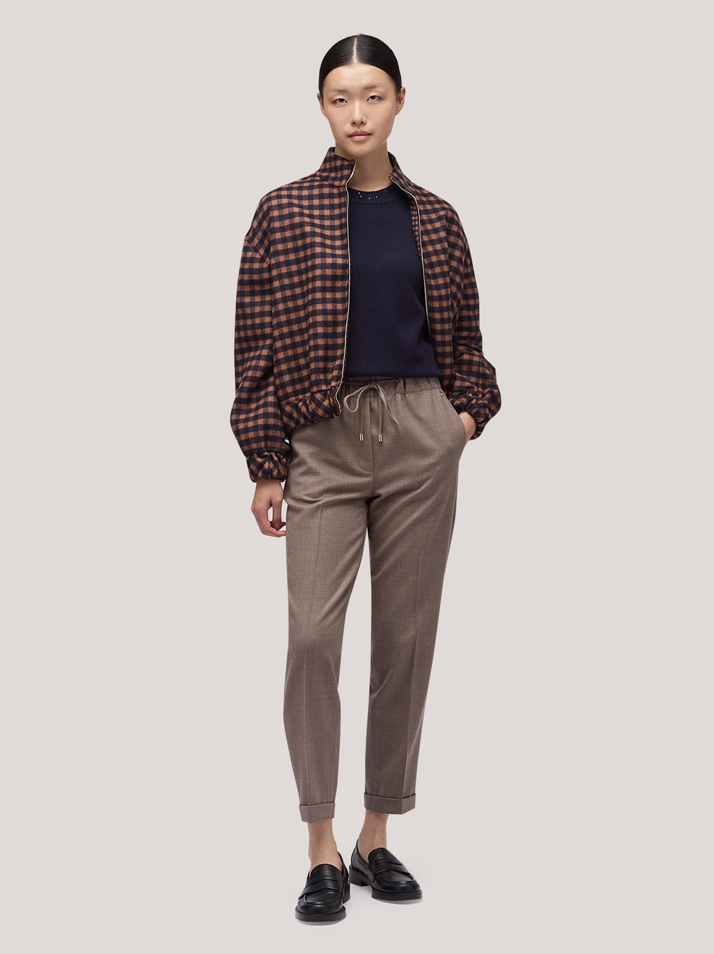 Bomber donna reversibile con collo alto in vichy double navy/tabacco cpa086_f2512a_nt0001 68145459855686