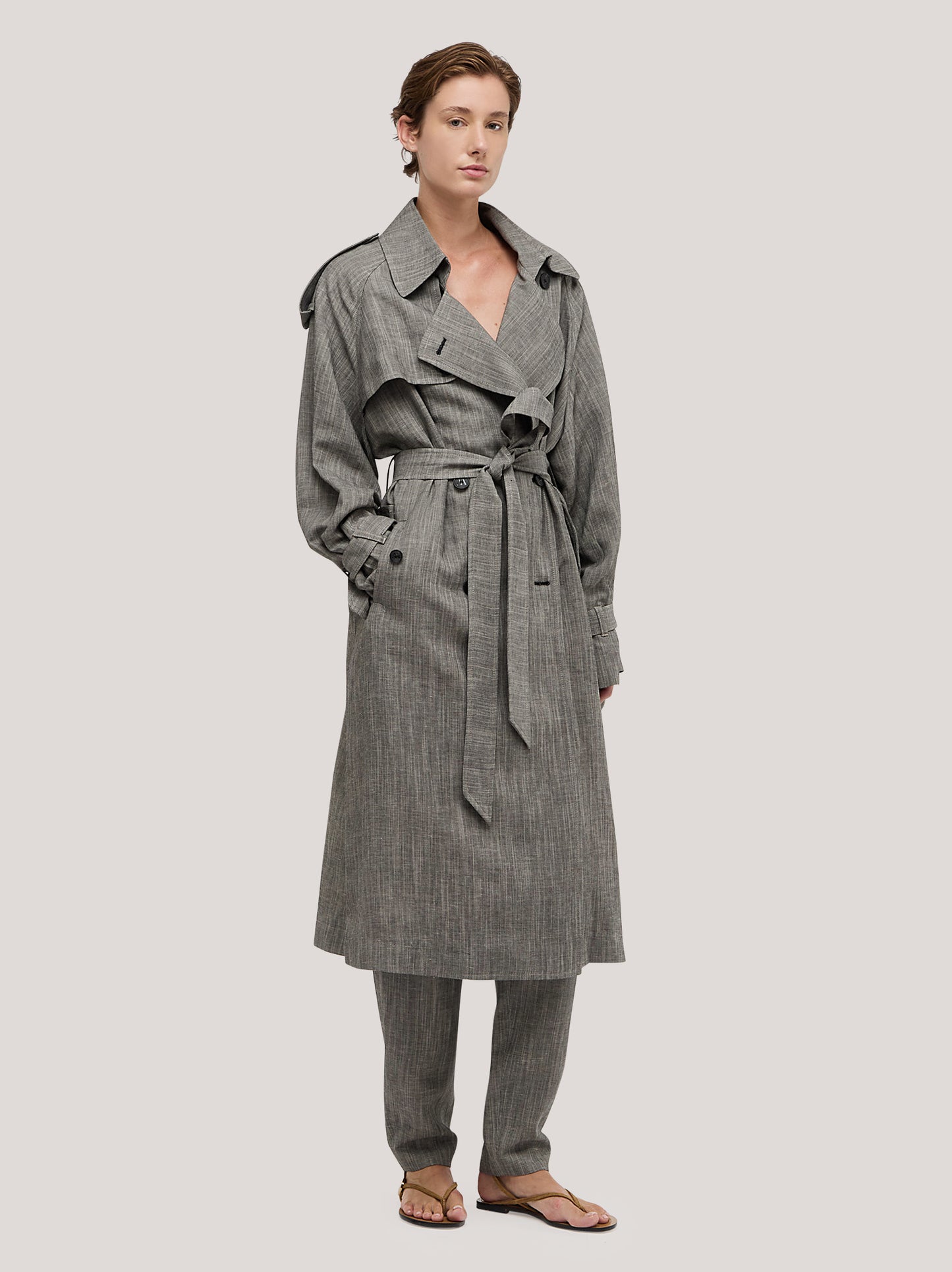 Trench lungo in fantasia lino melange cpa095_s2611d_tmelan 71592156660038