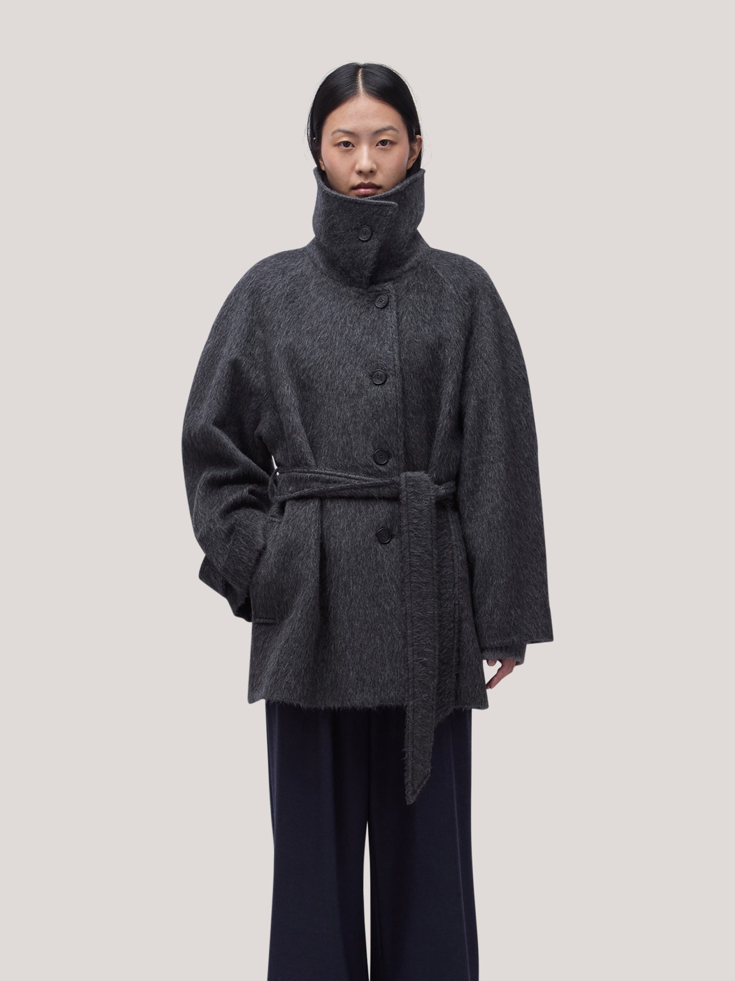 Short stand-collar coat with belt in camel mohair graphite cpa117_t30_f26-30_tgrafi 74819463971142