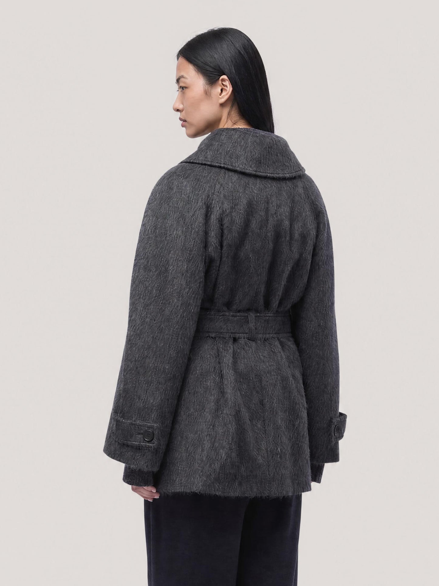 Short stand-collar coat with belt in camel mohair graphite cpa117_t30_f26-30_tgrafi 74819625255238