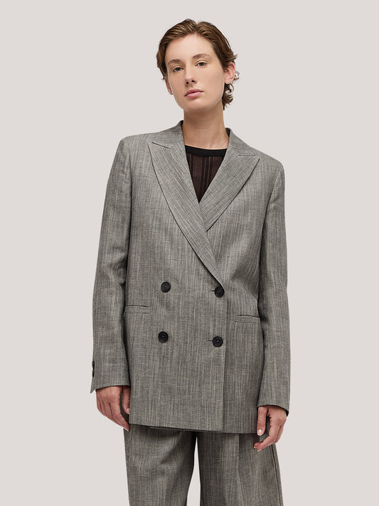 Giacca lunga doppio petto in fantasia lino - Giacca lunga doppio petto in fantasia lino alt - 002