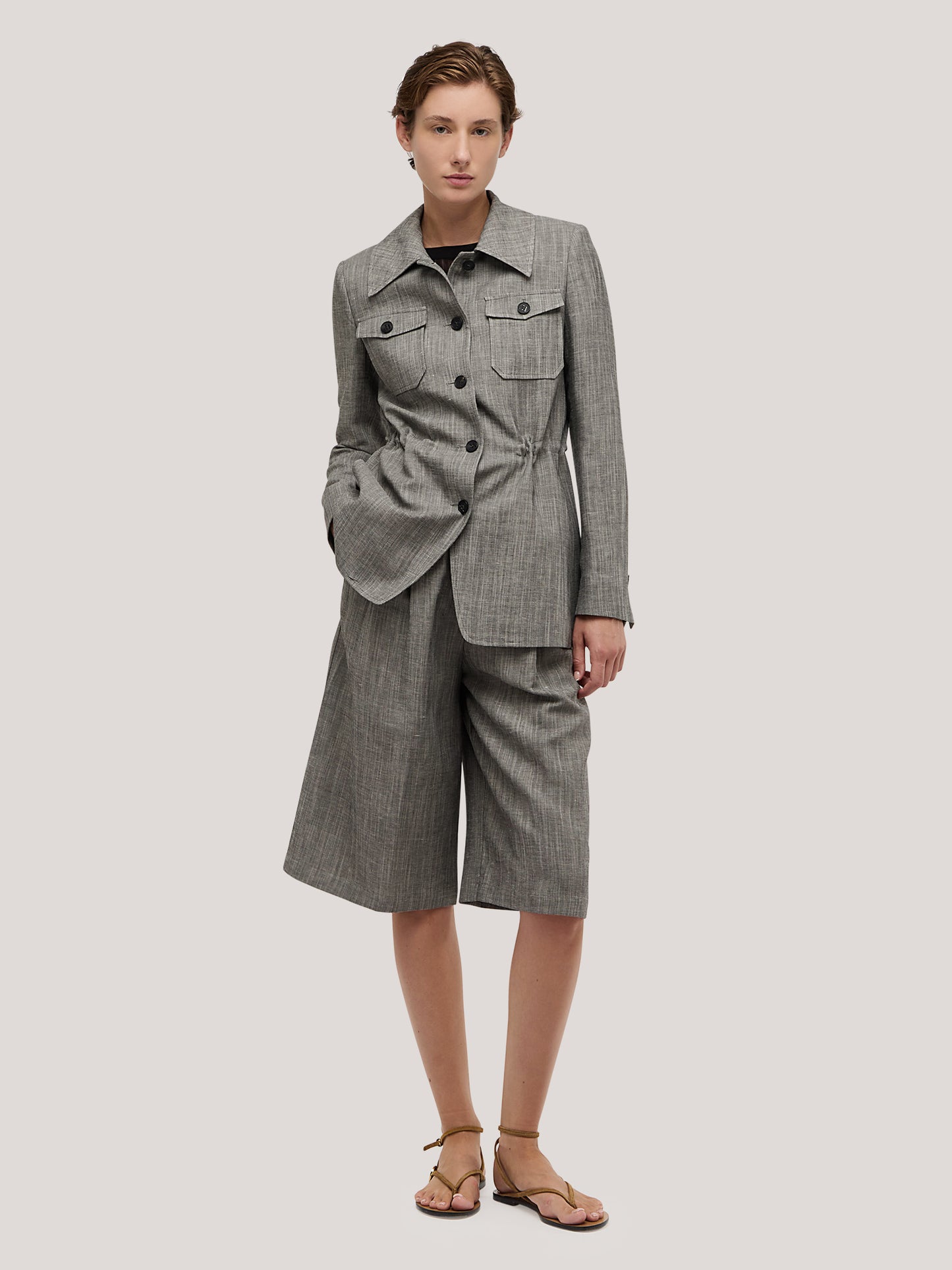 Long jacket with gathered waist in patterned linen melange gam051_s2611d_tmelan 71592284946758