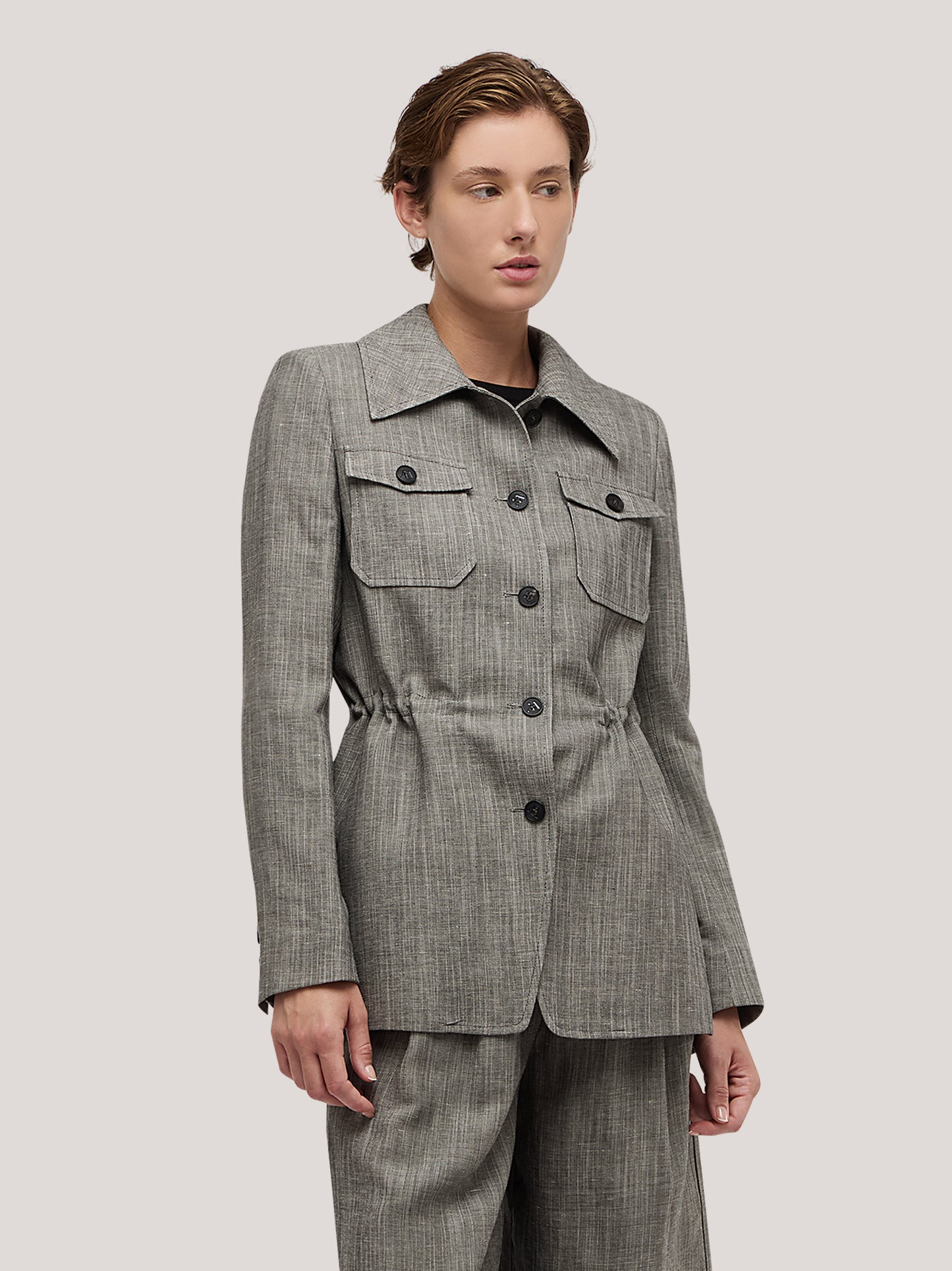 Long jacket with gathered waist in patterned linen melange gam051_s2611d_tmelan 71592284979526