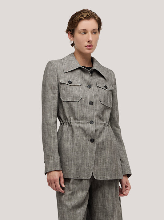 Giacca lunga con arriccio in vita in fantasia lino - Giacca lunga con arriccio in vita in fantasia lino alt - 002