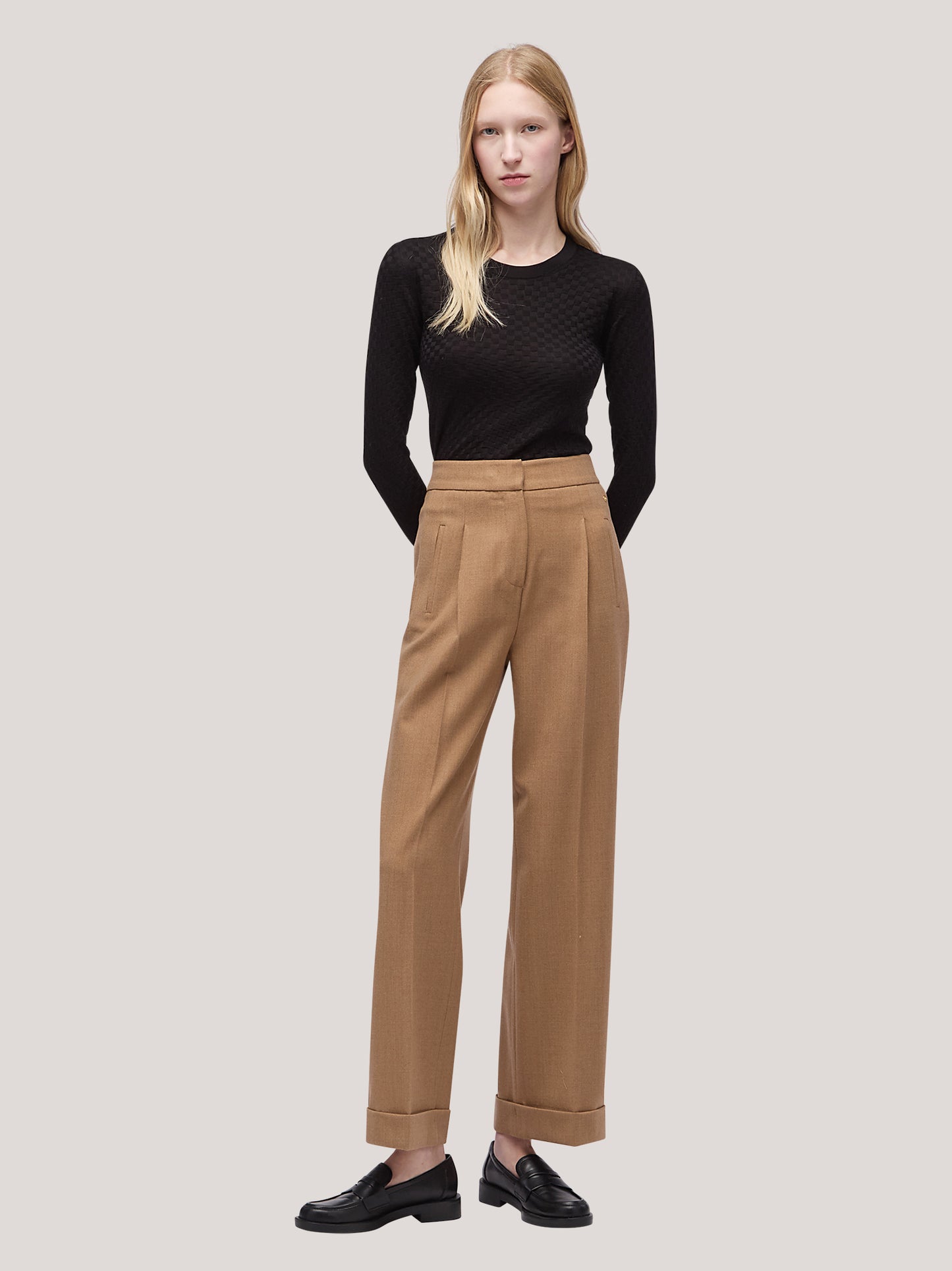 Pantalone donna in flanella a palazzo con risvolto tabacco pam184_f2519a_tab001 68520663122246