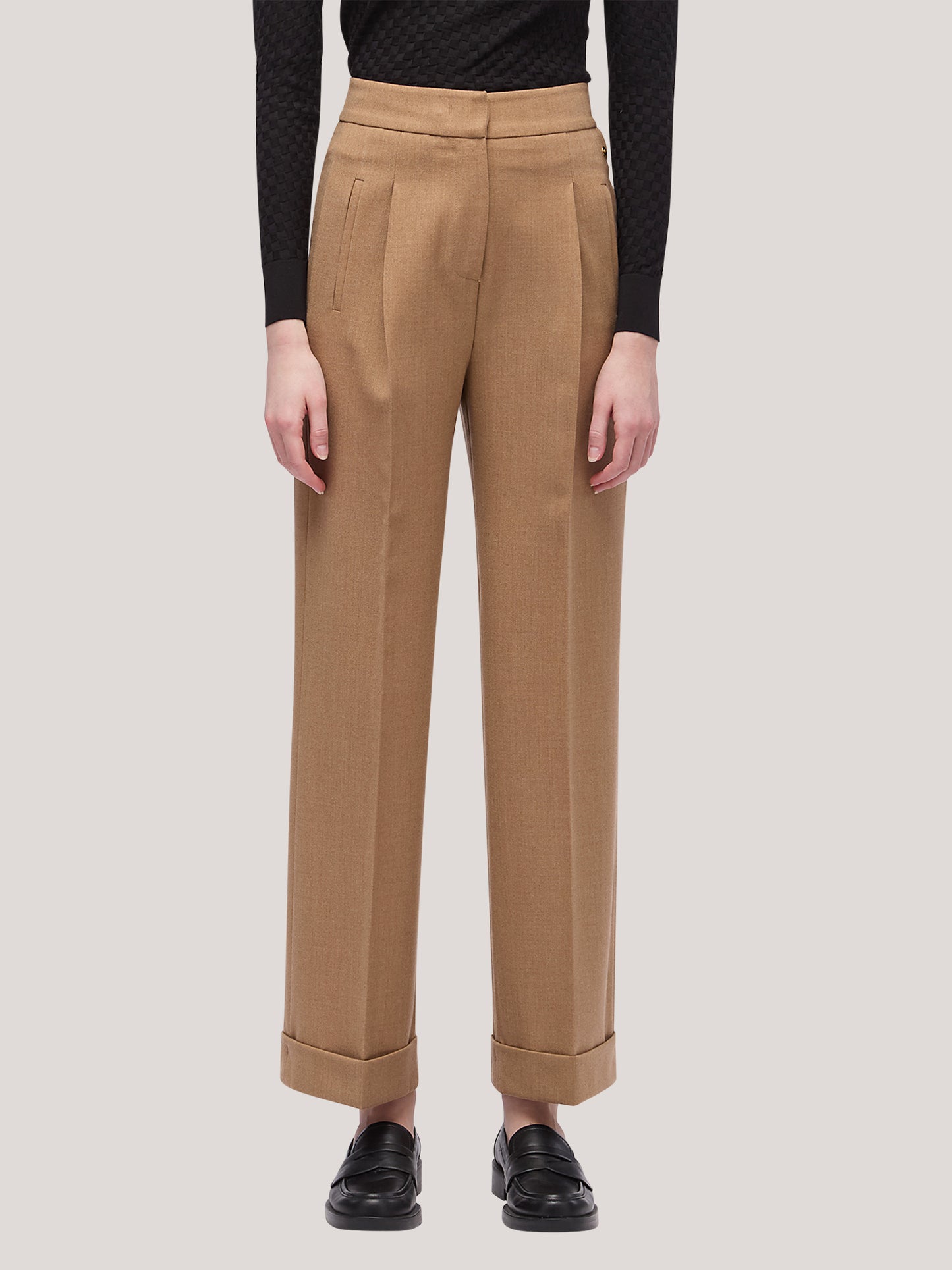 Pantalone donna in flanella a palazzo con risvolto tabacco pam184_f2519a_tab001 68520663155014