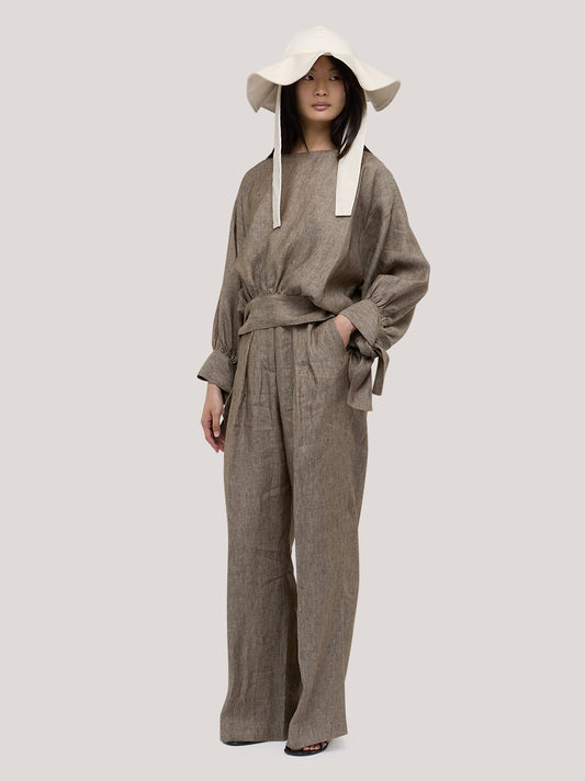 Pantalone ampio con pences in puro lino melange pam206_s2611c_tmelan