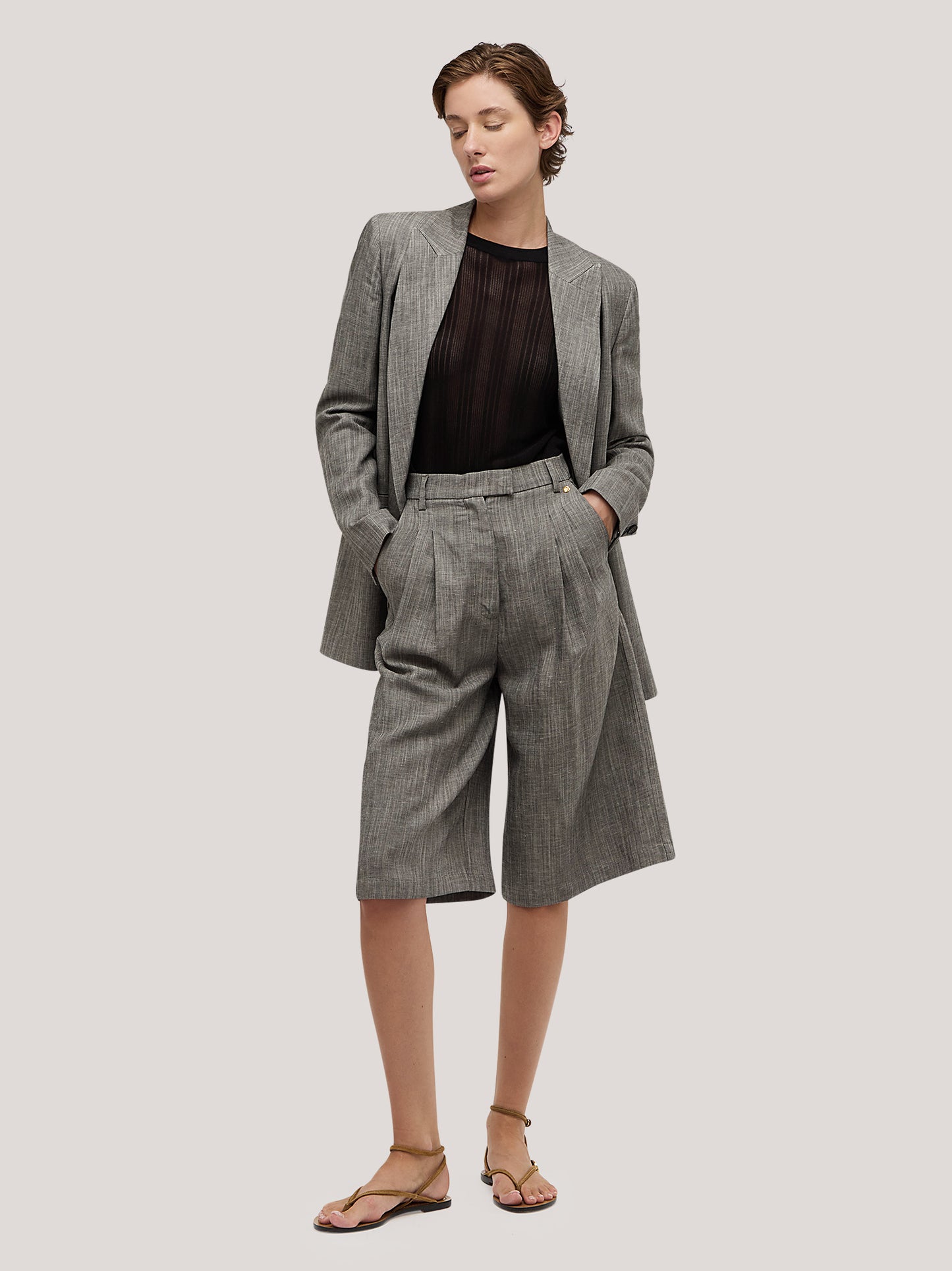 Pantalone bermuda in fantasia lino melange pam208_s2611d_tmelan 71592636973382