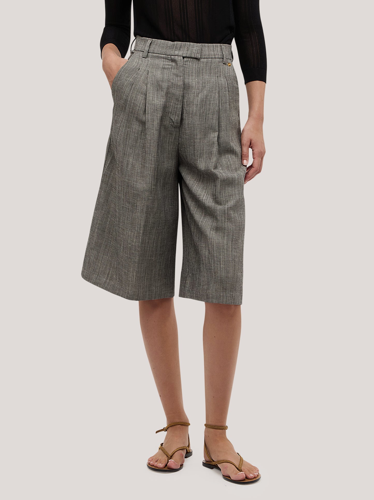 Pantalone bermuda in fantasia lino melange pam208_s2611d_tmelan 71592637038918