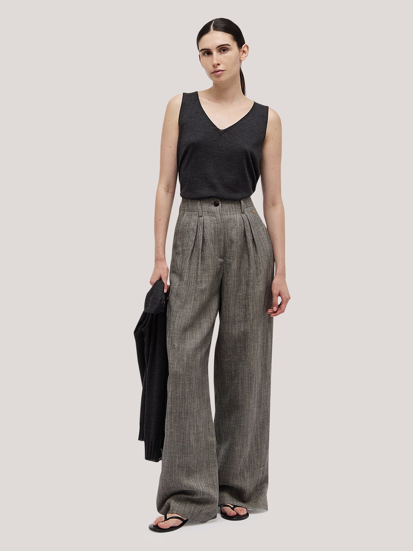 Pantalone ampio con pences in fantasia lino melange pam209_s2611d_tmelan 71592821391686