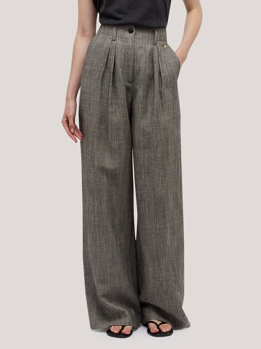 Pantalone ampio con pences in fantasia lino - Pantalone ampio con pences in fantasia lino alt - 002