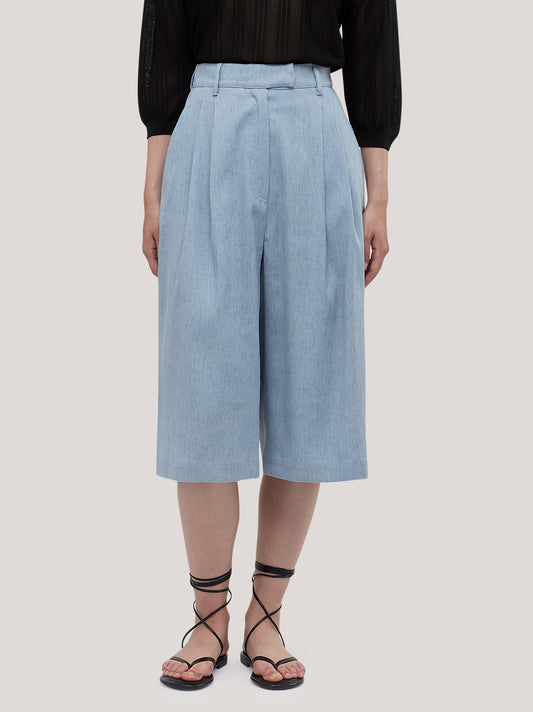 Pantalone bermuda in lino cotone effetto jeans light blue pam212_n_s2612a_tliblu