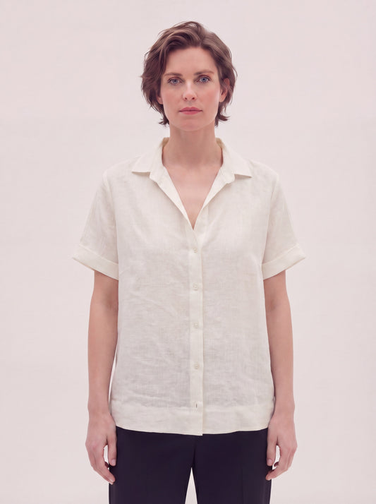 Blusa serafino in puro lino con maniche kimono bianco pgc055_col3_tbianc
