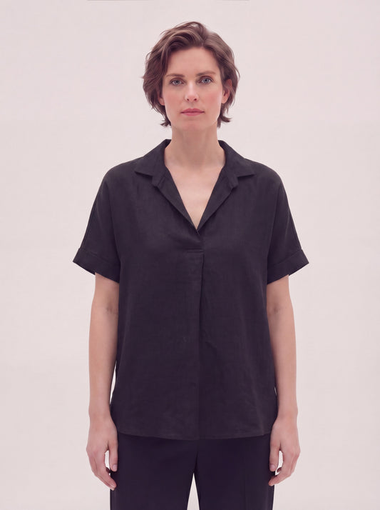 Blusa serafino in puro lino con maniche kimono nero pgc055_col3_tnero0
