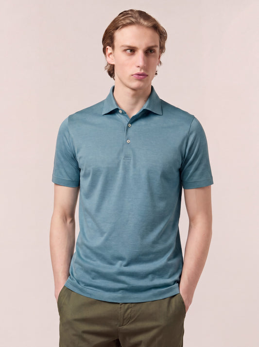Maglia polo mezza manica con collo camicia in cotone, no taschino ottanio poc080_col3_tottan