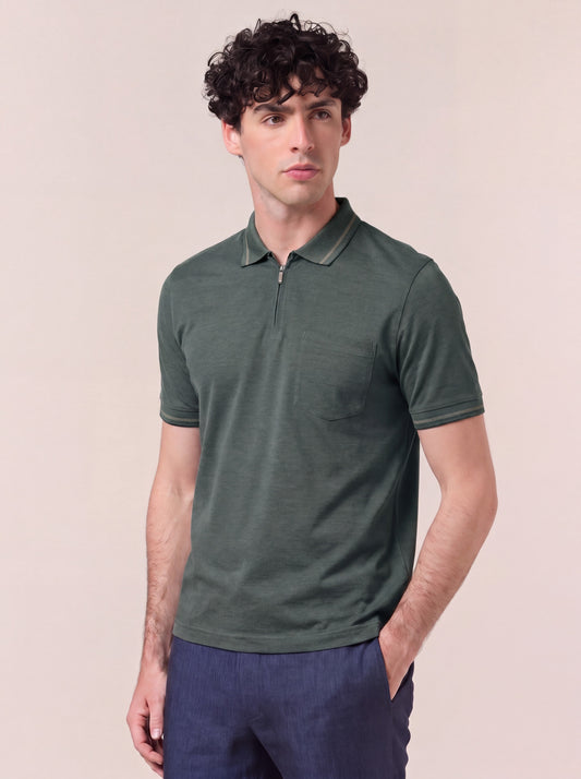 Maglia polo in oxford collo in maglia mezza manica con mezza zip verde poc081_col3_tverde
