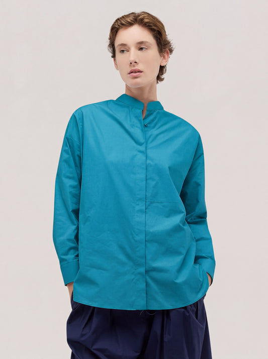 Camicia over con taglio davanti in popeline petrolio top080_n_s2610a_tpetro