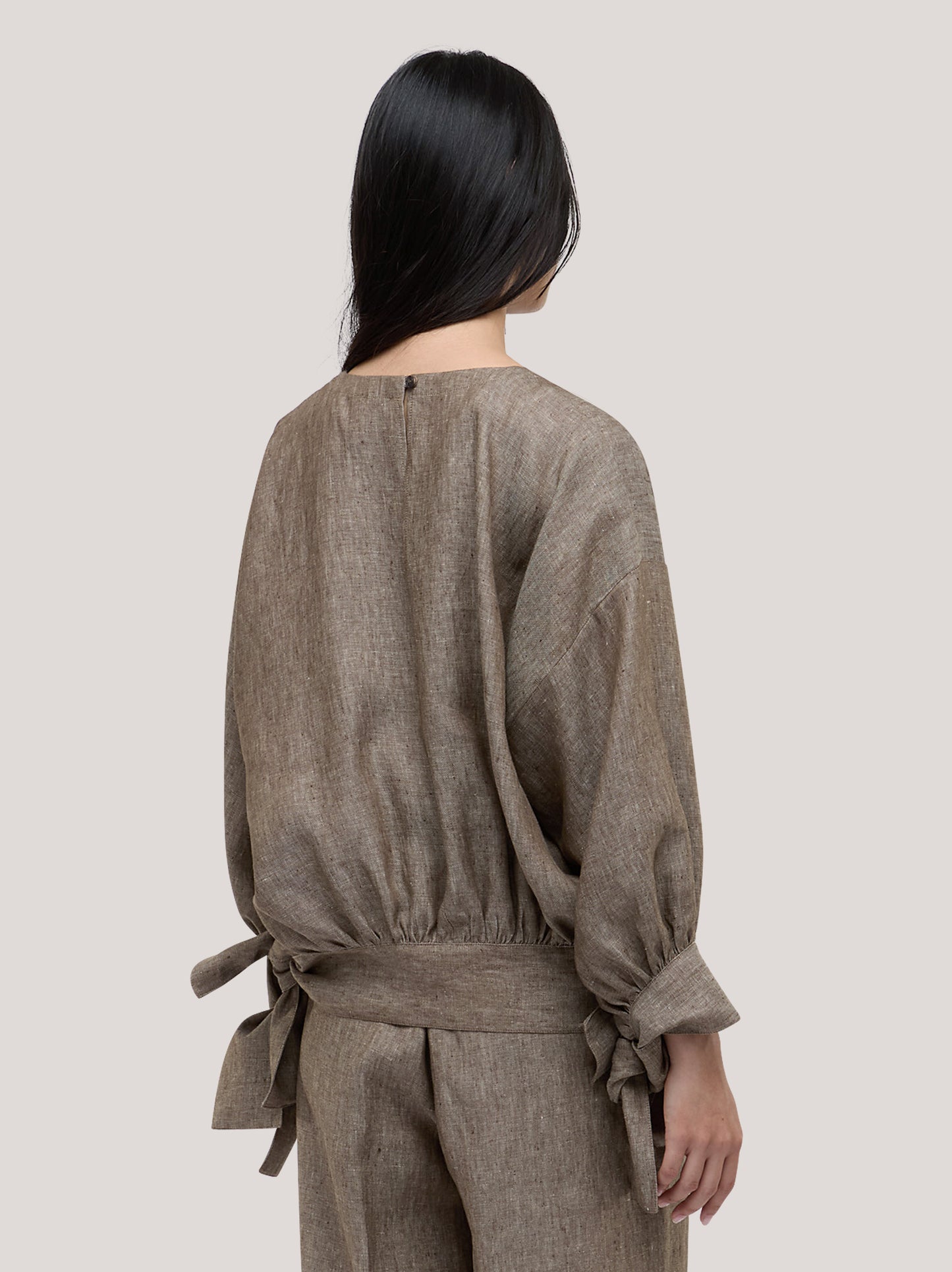 Cropped oversized blouse with three-quarter sleeves in 100% linen melange top112_s2611c_tmelan 72189607608646